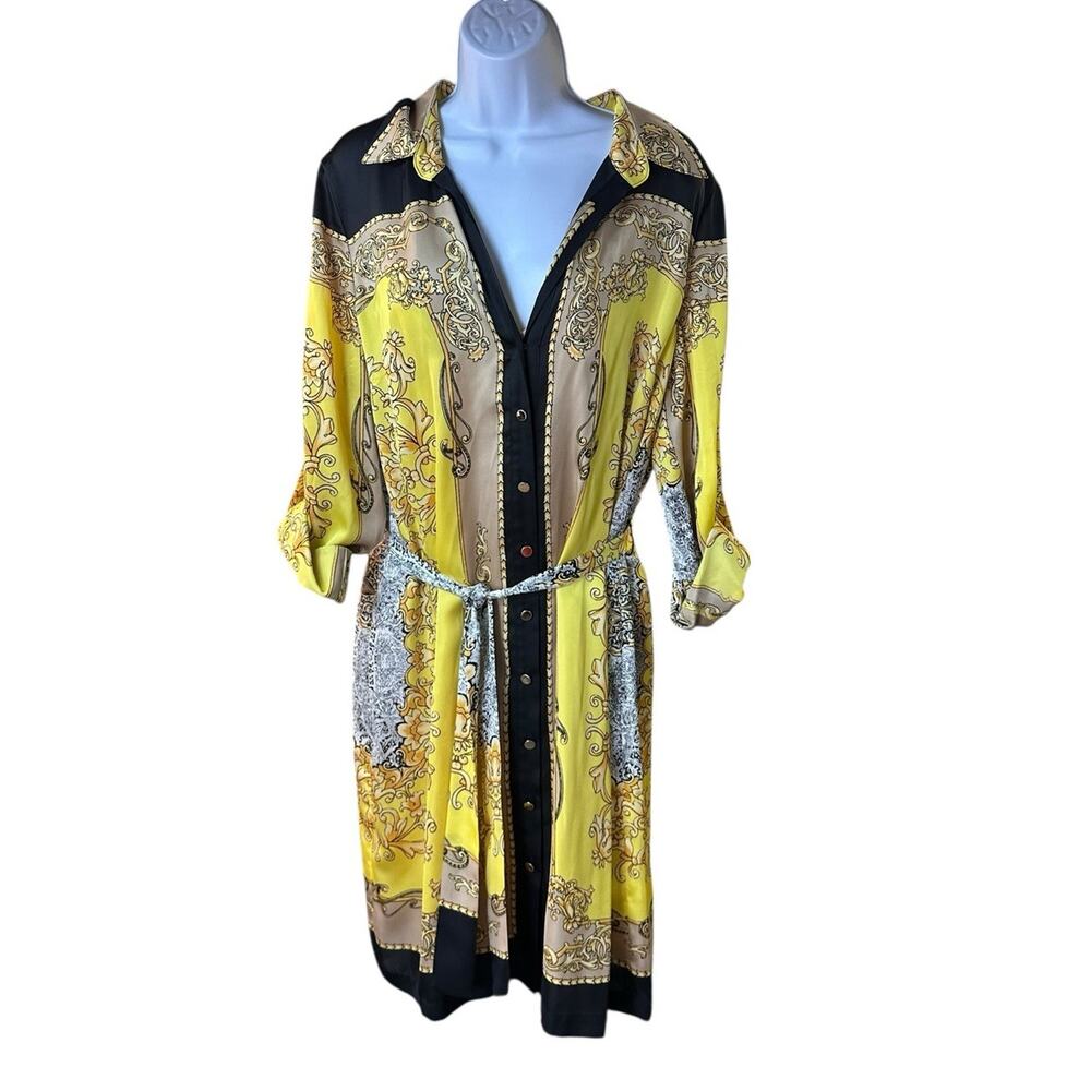 Cache Baroque Scarf Print Button Front Shirt Dress Tunic Yellow Black Belted 14